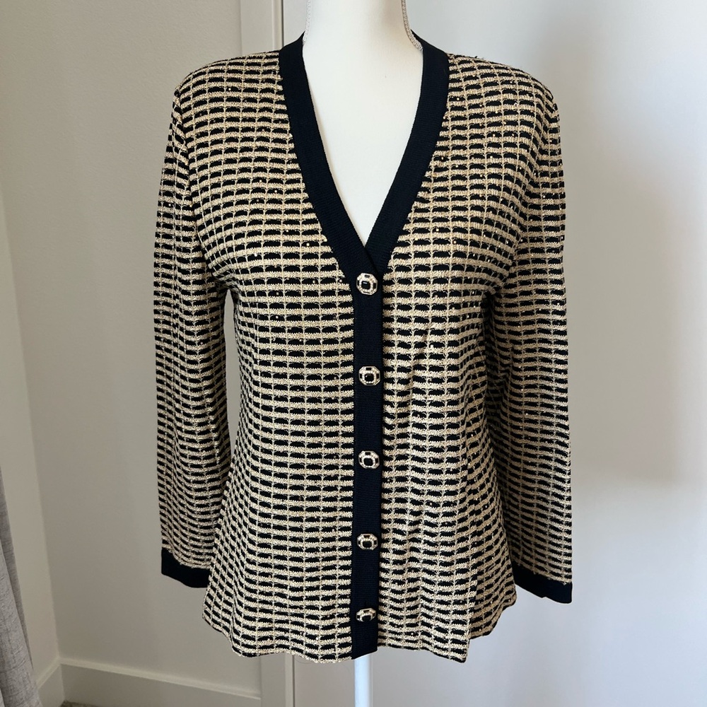 St. John Black and Cream Houndstooth Cardigan
